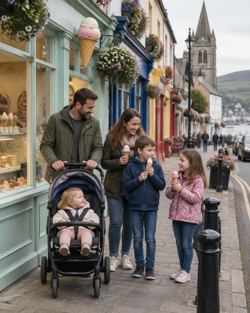 A family walking along a colourful Irish town street on a day out