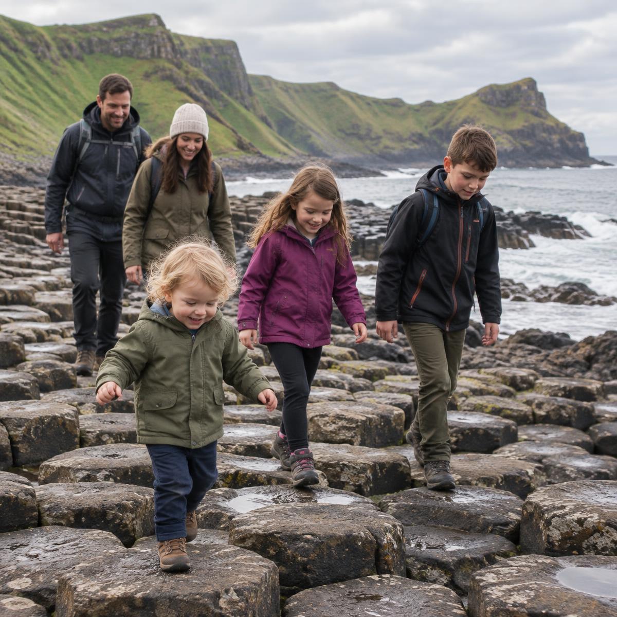 A family exploring the basalt stepping stones at the Giant's Causeway in County Antrim