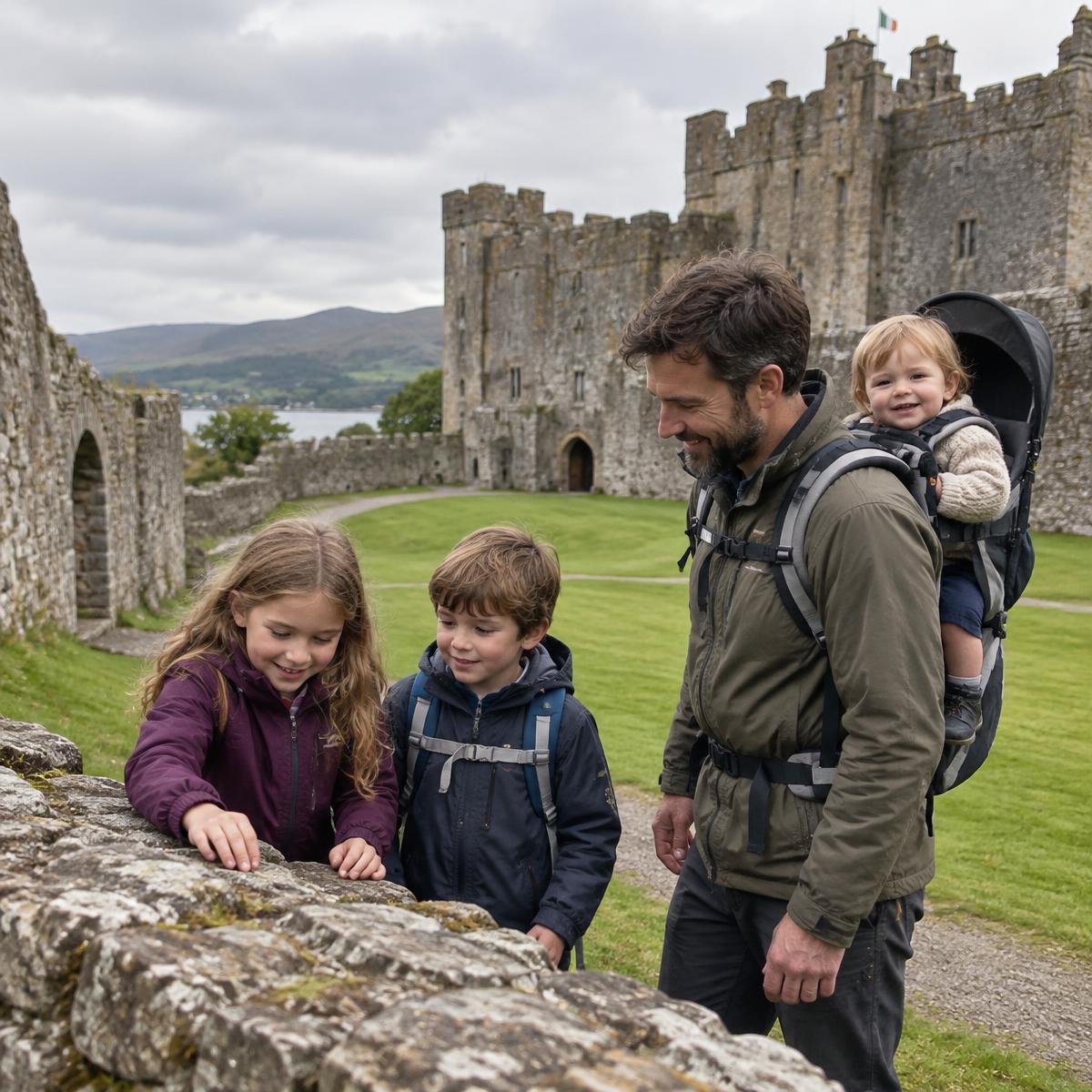 A family walking through the grounds of an Irish castle