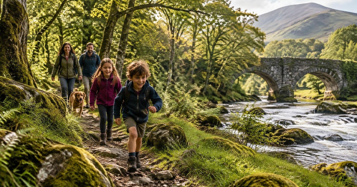 Children walking beside a river on a shaded woodland trail in Ireland
