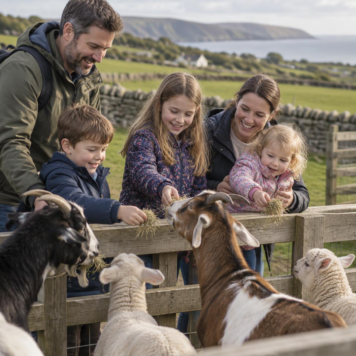 Children feeding goats at an Irish open farm on a bright day